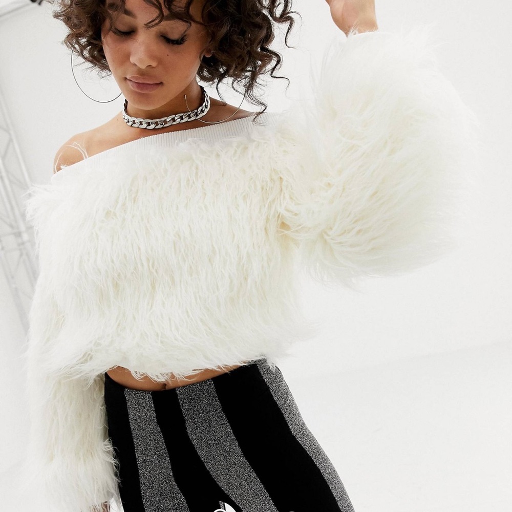 ASOS Design x LaQuan Smith off shoulder cropped sweater faux fur